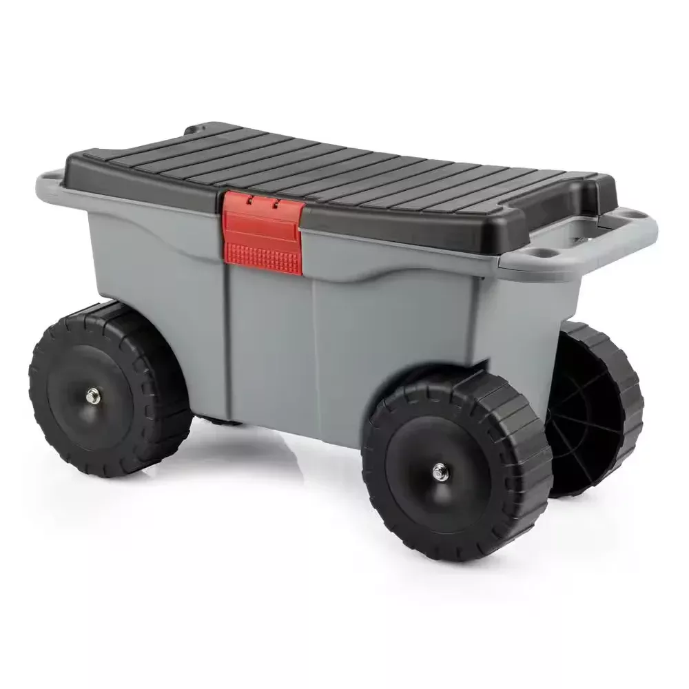 1.59 Cu. Ft. Gray Plastic Rolling Garden Cart with Seat - Storage with Bench and Interior Tool Tray - Gardening Stool