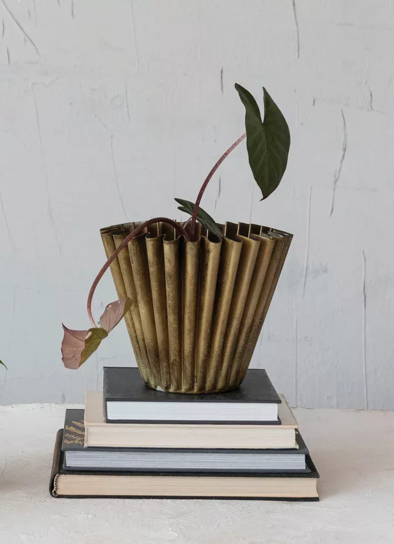 8" Fluted Metal Planter, Brass Finish