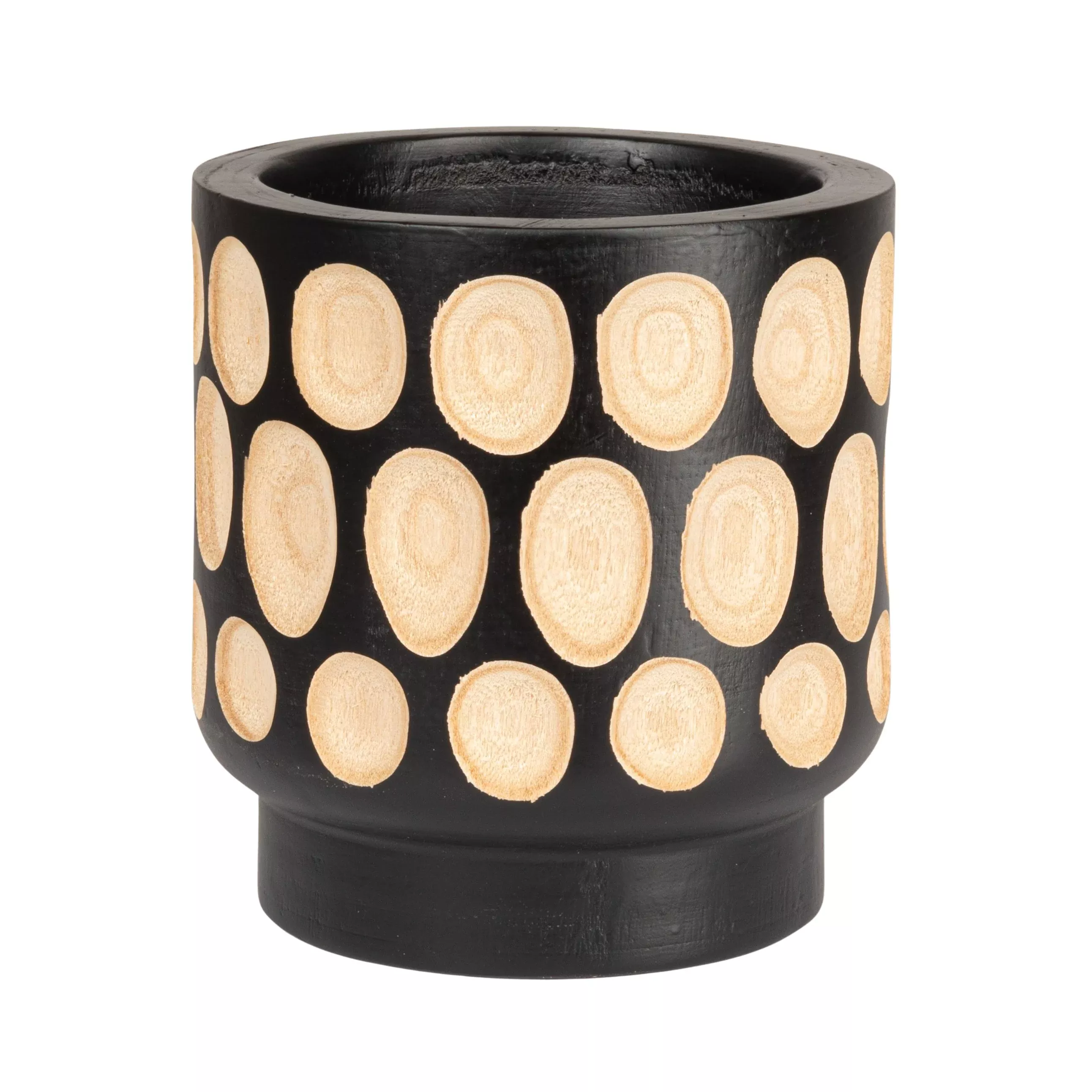 Black Hand-Carved Wood Planter with Dots