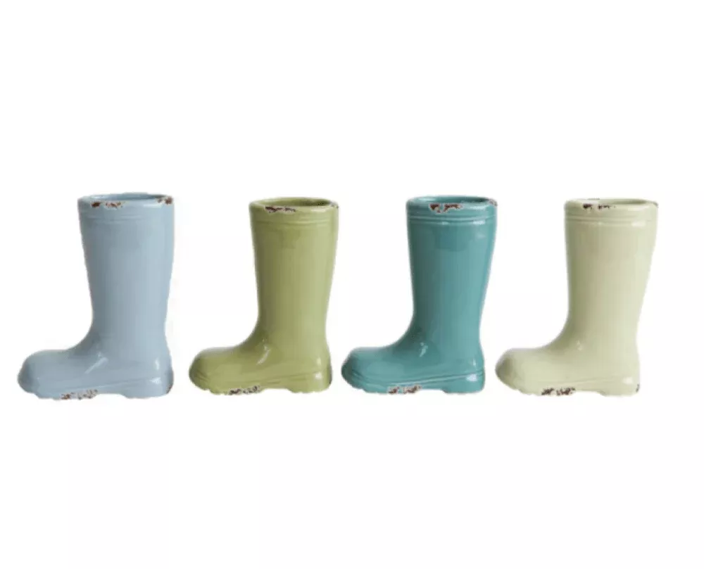 Small Stoneware Boot Vases with Distressed Finish (Set of 4)