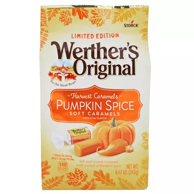 WERTHERS SOFT PUMPKIN SPICE CARAMELS 8.57 OZ STAND UP BAG IN COUNTER DISPLAY