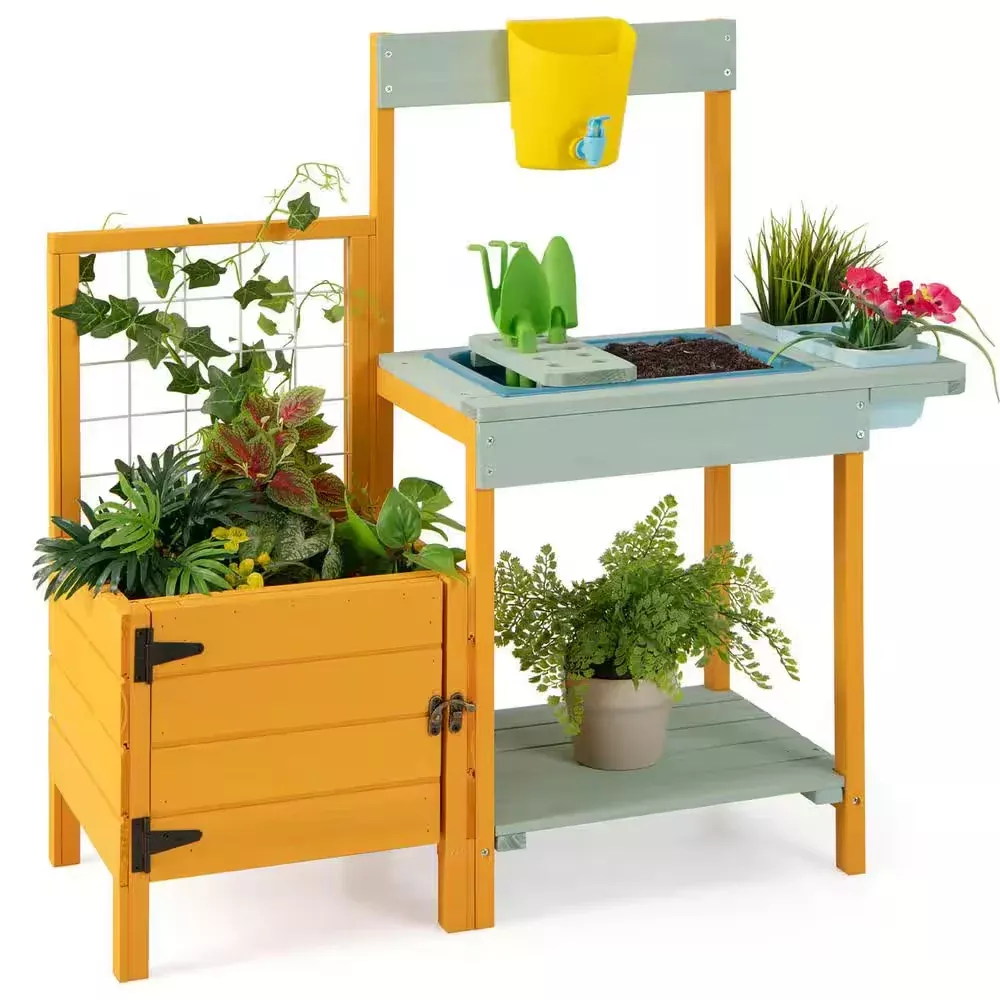 Wooden Potting Bench for Kids with See-Through Window Planter Box Garden Trellis